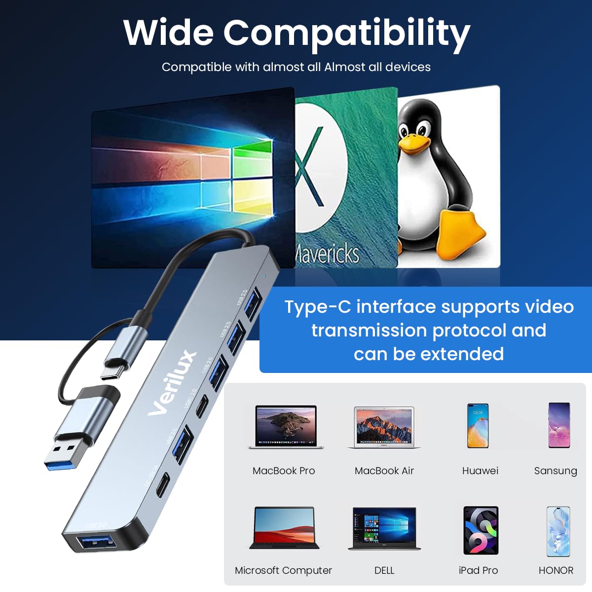 Verilux USB Hub USB C Hub with USB Adapter 7 in 1 USB Hub for Data Transfer Universal USB C Hub with USB 3.0 Port & 3 USB 2.0 Ports USB C Port Compatible with Laptop, MacBook Air, Mac Mini/Pro Verilux USB Hub USB C Hub with USB Adapter 7 in 1 USB Hub for Data Transfer Universal USB C Hub with USB 3.0 Port & 3 USB 2.0 Ports USB C Port Compatible with Laptop, MacBook Air, Mac Mini/Pro